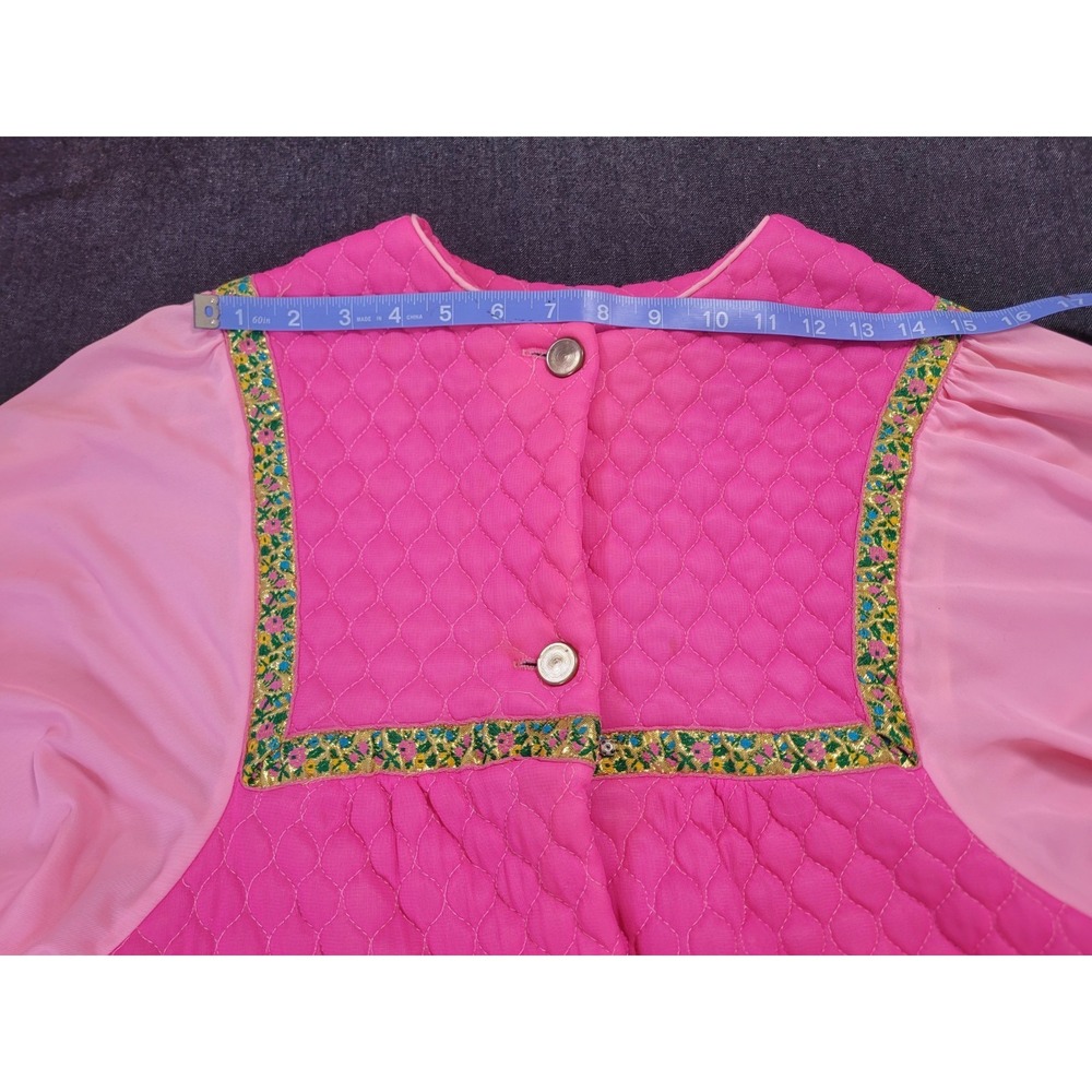Vintage 60's Quilted Robe Gold Floral Trim Flowy Sleeve Hot Pink Maxi Mod M - Picture 11 of 16